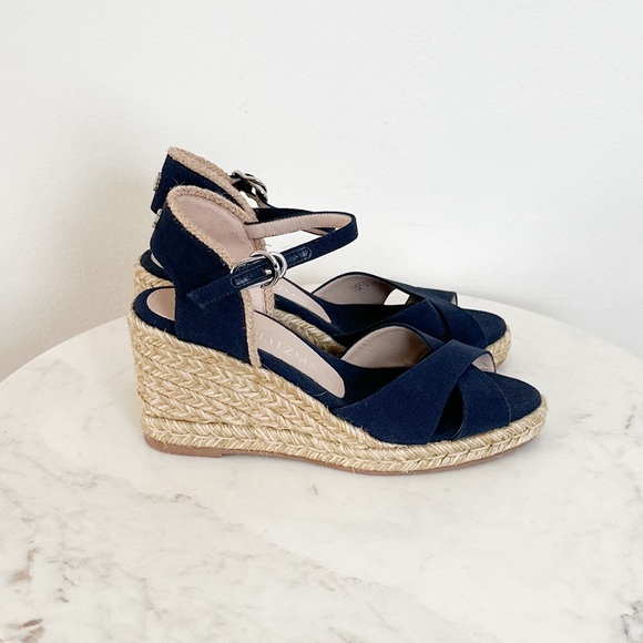 NEW STUART WEITZMAN Mirela Round Toe Wedge Espadrille Sandals Navy Blue Size 5.5 - Picture 9 of 10